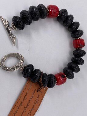 Carol Bradley Bracelet Black Lava Rock Red Coral Sterling Silver 925 Clasp